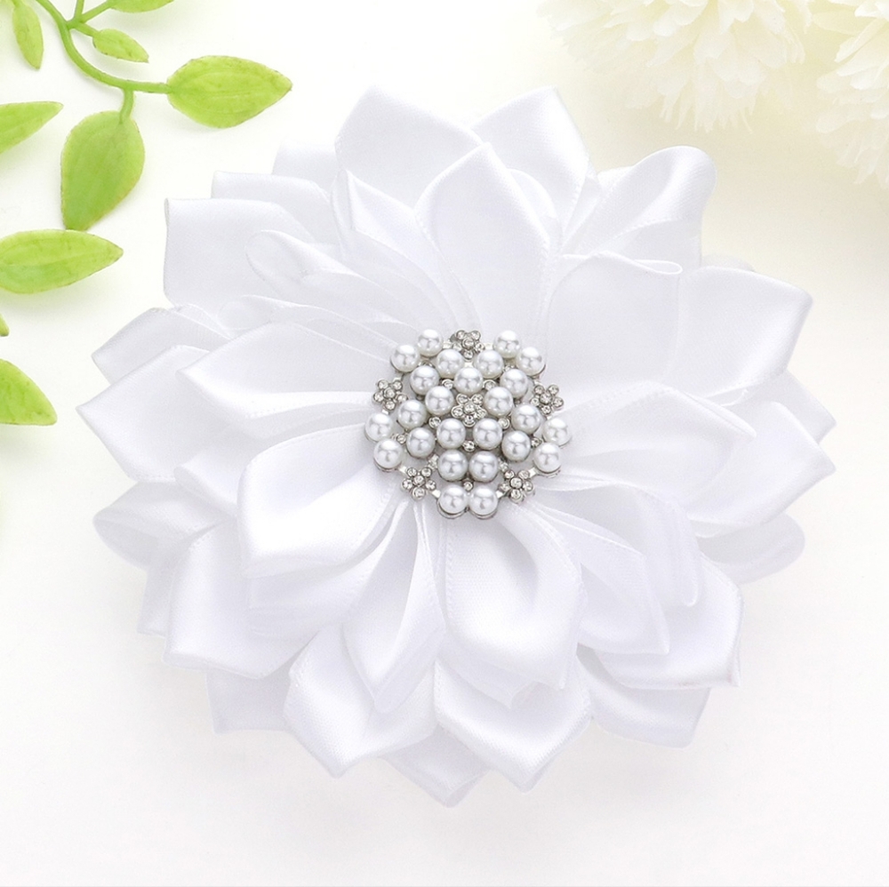 White Pearl Flower Brooch 5 Inch Ribbon Pendant Pin Hairpin Statement Accessory